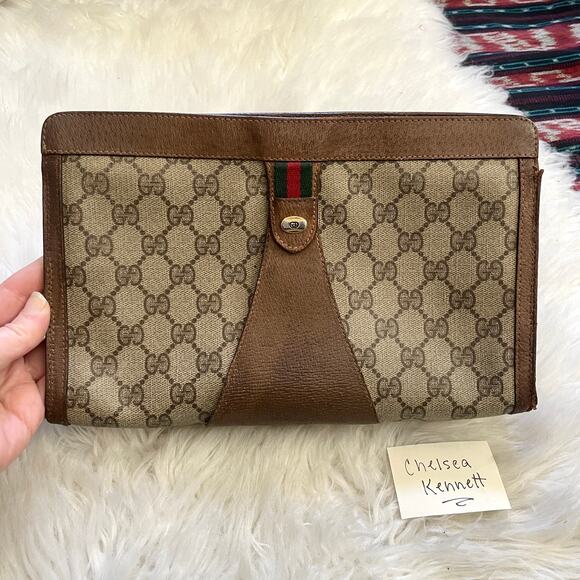 Gucci Vintage Clutch Brown Web Bag Logo Monogram Interlocking GG Stripe - Picture 2 of 16